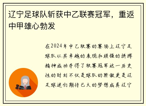 辽宁足球队斩获中乙联赛冠军，重返中甲雄心勃发